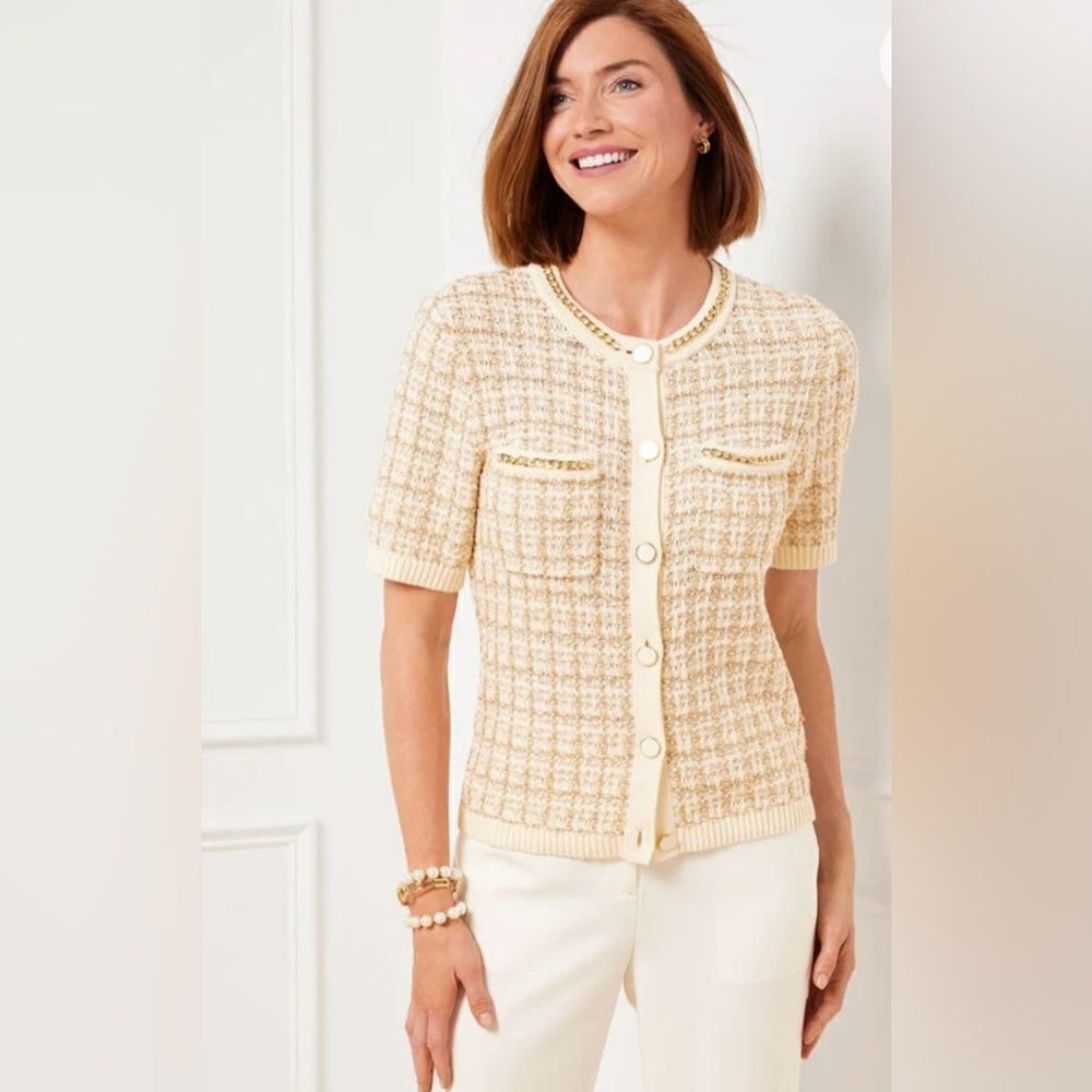 Talbots S Ivory Gold Metallic Jacquard Short Sleeve Chain Trim Knit Cardigan